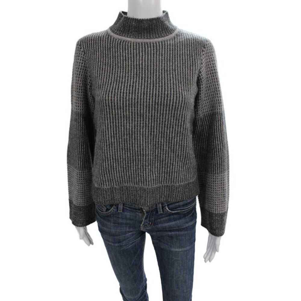 The Cashmere Project Women Gray Cashmere Striped Mock Neck Pullover Size XS